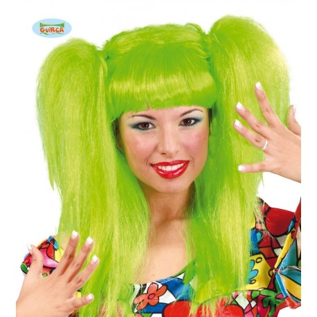 Parrucca con code verde capelli lunghi con frangetta verdi fantasy Guirca 