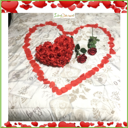 San Valentino set fidanzati cuscino cuore con petali e rose rosse