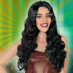 Parrucca donna lunga nera mossa capelli lunghi ricci carnevale unisex