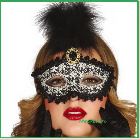 Maschera veneziana donna sexy decorata nera con piume