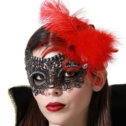 Maschera donna sexy veneziana nera giochi con piuma rossa