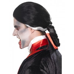 Parrucca vampiro capelli neri con coda e ciuffo bianco