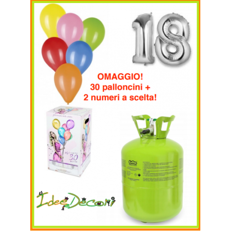 Bombola gas elio per 30 palloncini OMAGGIO + 2 numeri a scelta