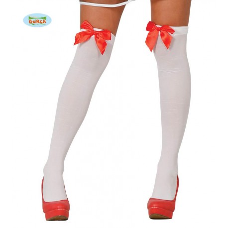 Calze Autoreggenti bianche con fiocco rosso collant donna