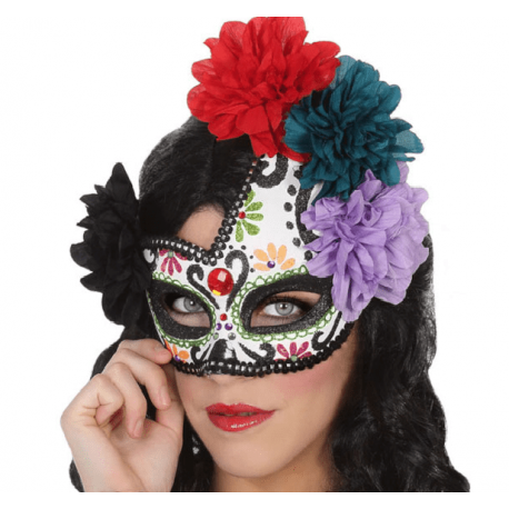 Maschera scheletro messicano con fiori 