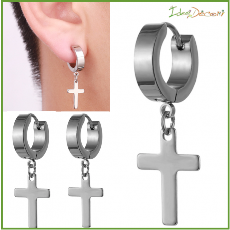 Orecchini cerchio da uomo donna con croce pendente 