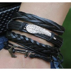 Bracciale uomo in cuoio pelle nero intrecciato braccialetto 