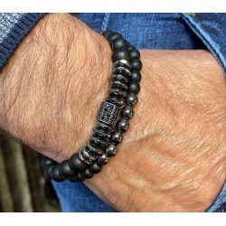 Bracciale da uomo 2 pz pietra naturale dura nera onice e sfere ematite 
