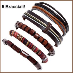 Bracciale uomo pelle corda legno cuoio polsino tessuto  5 pezzi
