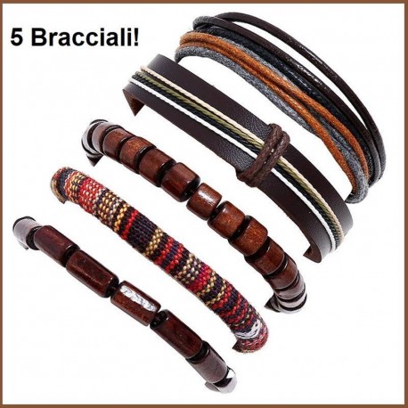 Bracciale uomo pelle corda legno cuoio polsino tessuto  5 pezzi